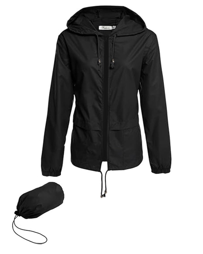 Hount Women's Lightweight Travel Trench Raincoat Hoodie Waterproof Hiking Packable Rain Jacket (L, Black) - Image 1